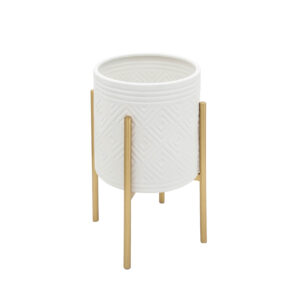 Aztec Planter w/ Stand, Gold/White, 19in