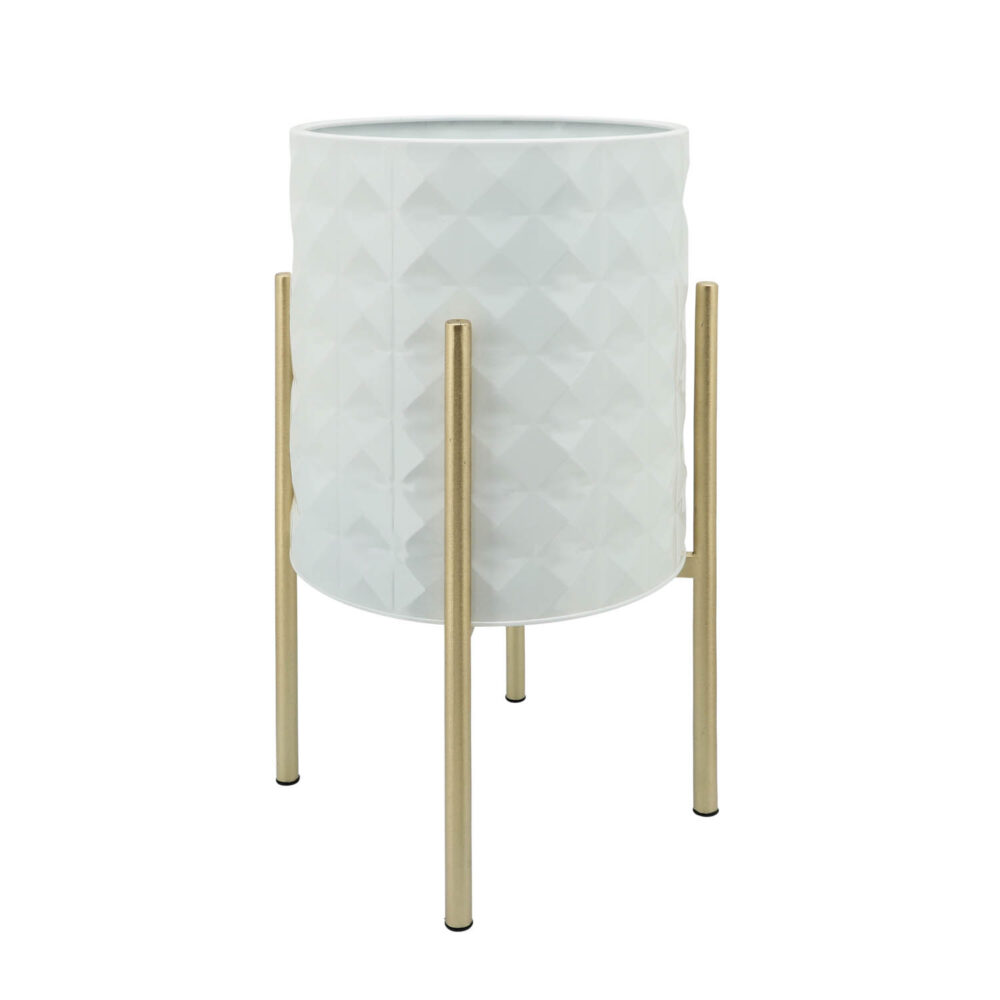 Diamond Planter, White w/ Gold Stand, 23in