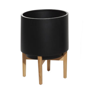 Black Planter with Wooden Stand, 16in