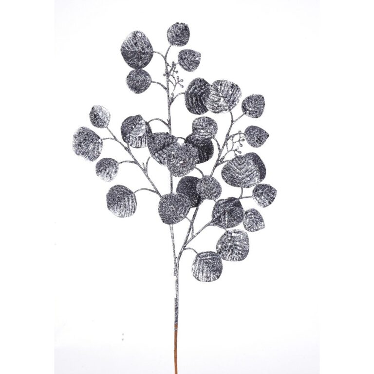 Blue glittered artificial eucalyptus spray with rounded leaves and branching stems, 27 inches long