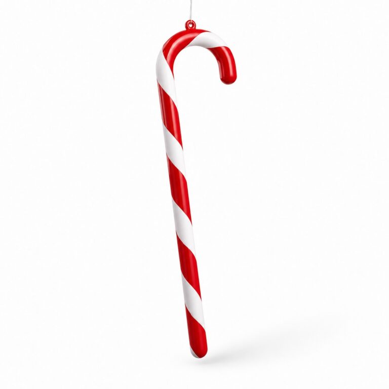 Large red and white candy cane Christmas ornament with glossy spiral stripes, curved top, and hanging loop