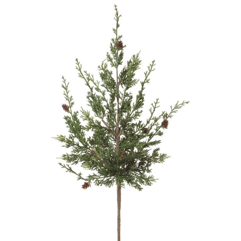 Artificial green cedar stem with delicate evergreen branches, small brown pinecones, and a long natural-looking stem