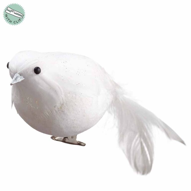 White bird Christmas ornament with soft feather detailing, long white feather tail, black eyes, and metal attachment clip