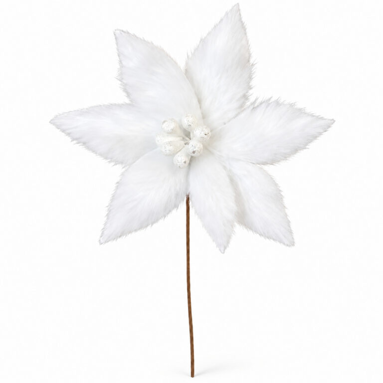 White faux fur poinsettia Christmas floral pick with six soft petals, decorative white berries, and a long brown stem