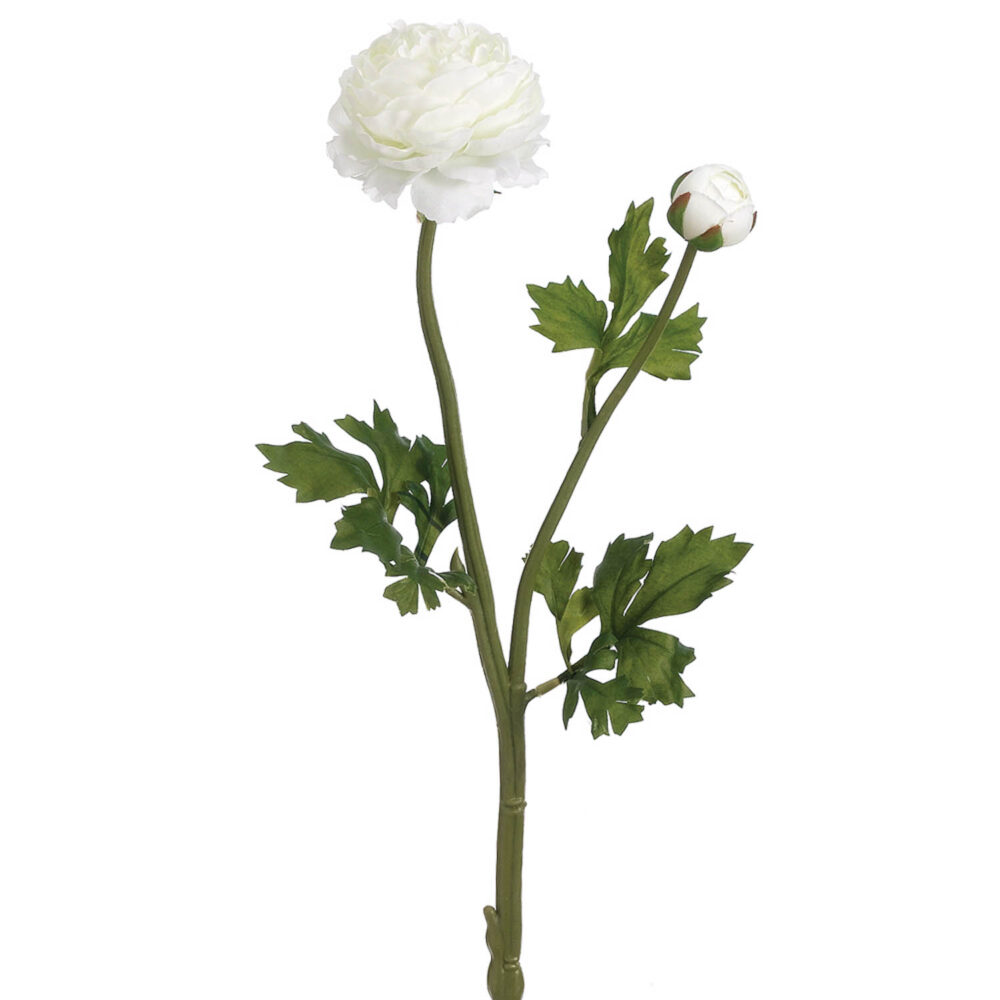 Full Bloom Ranunculus Flower w/ Bud, White, 19in