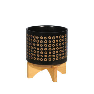 Ceramic Dotted Planter On Wooden Stand, Gold, 8in