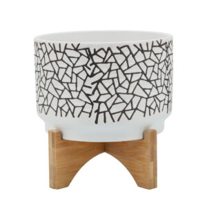 Ceramic Crackled Planter With Wood Stand, 6in