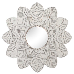Carved White Wood With Overlapping Petals Wall Mirror, 48in