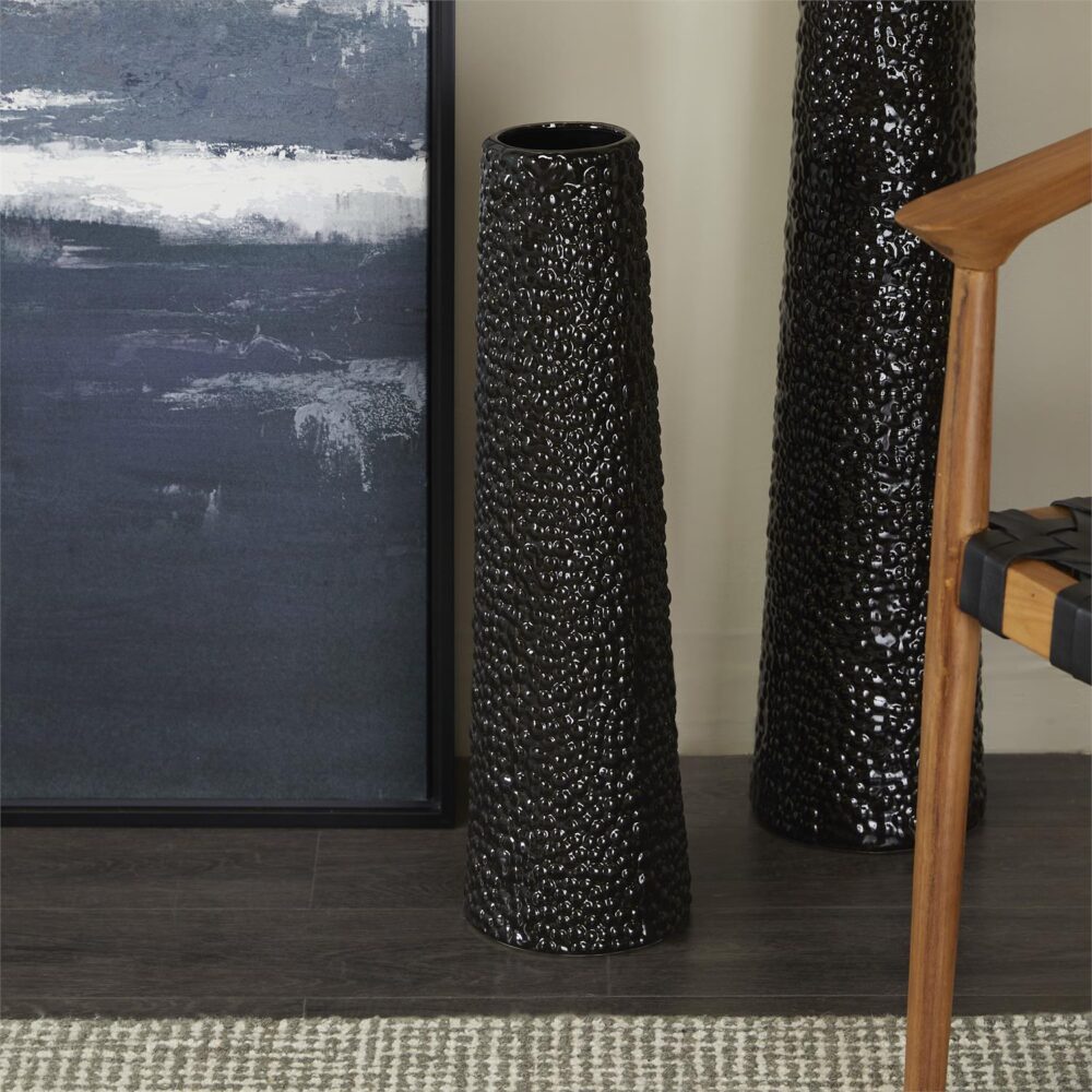 Tall Black Ceramic Floor Vase With Bubble Like Texture, 25in - Image 3