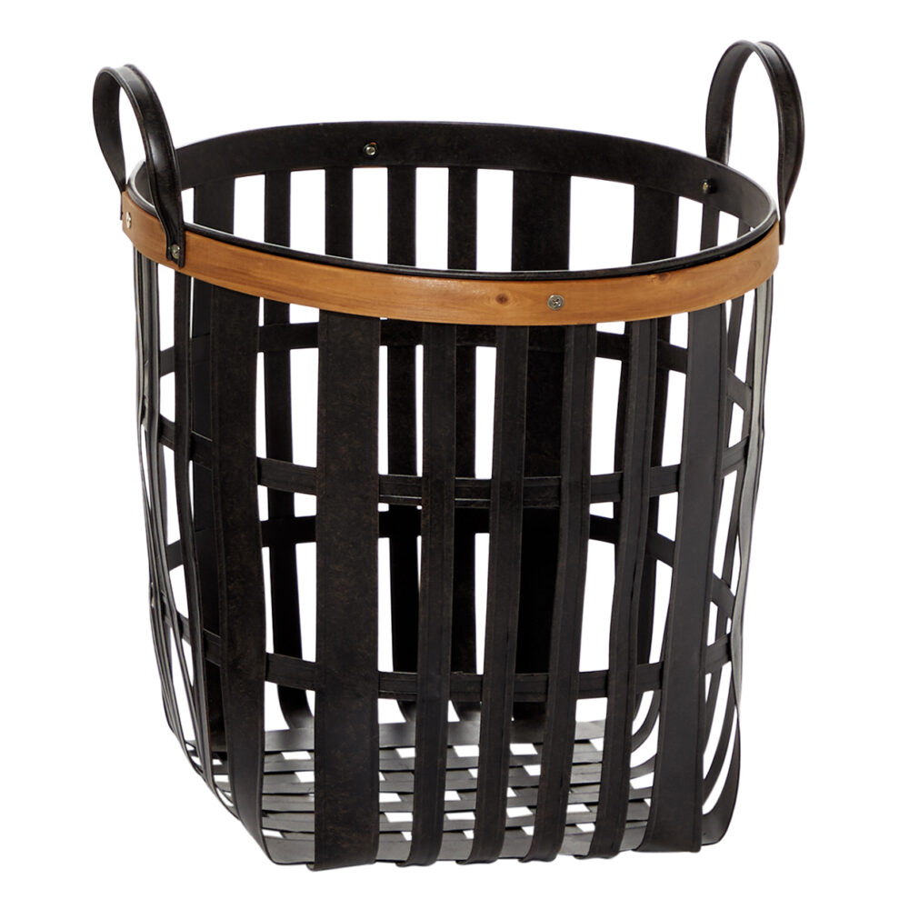 Farmhouse Black Bamboo With Metal Storage Basket, 17in