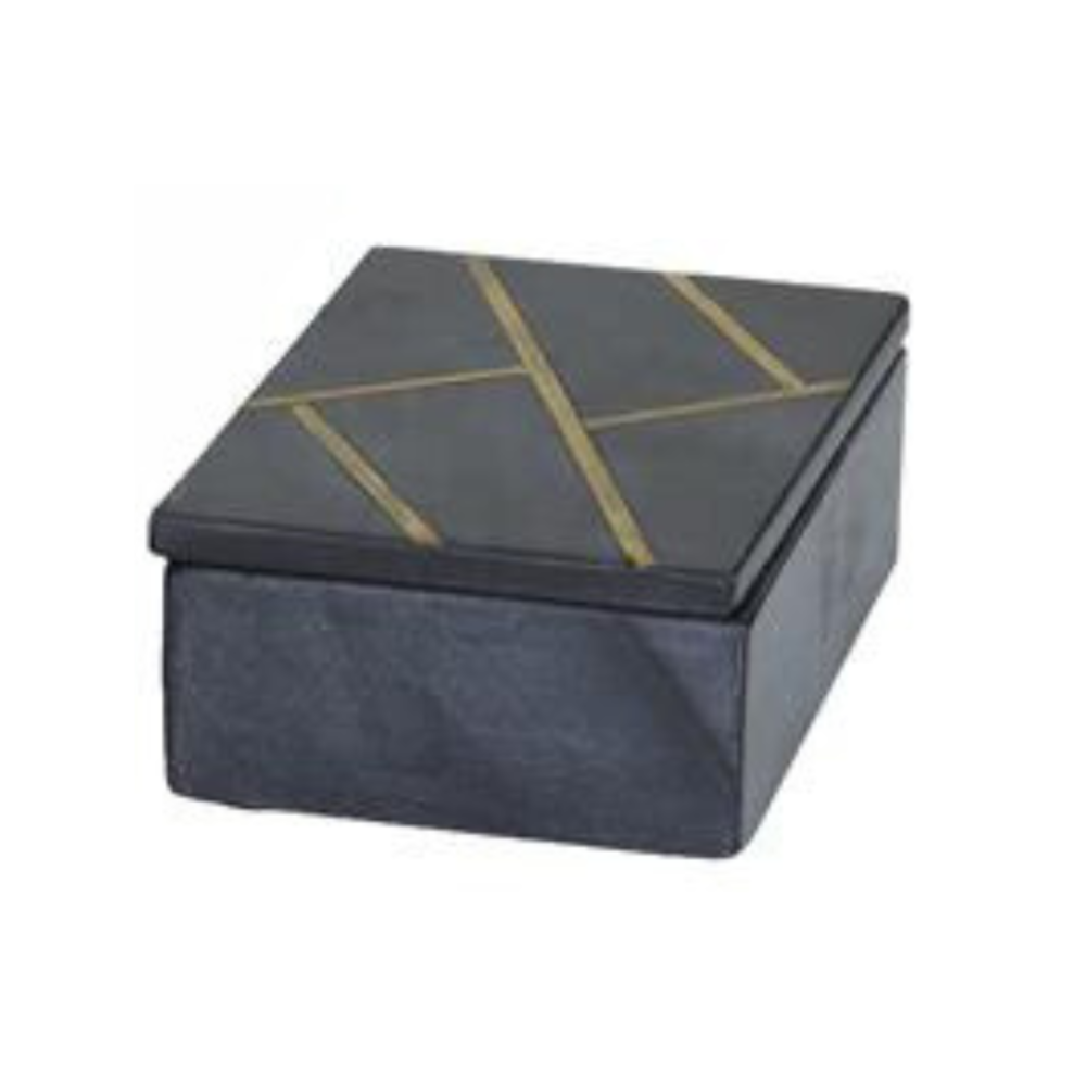 Black Marble Storage Box With Gold Linear Lines, 9in