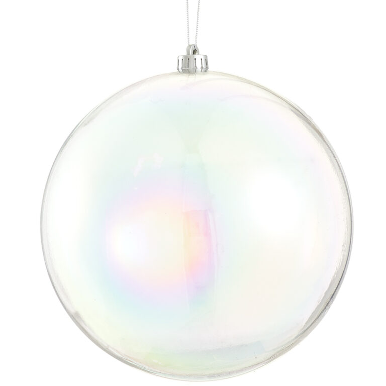 Large round iridescent Christmas ball ornament with a translucent pearlescent finish, silver cap, and hanging cord