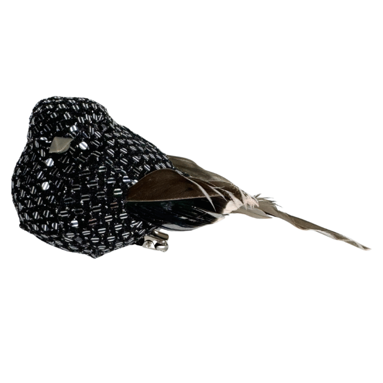Black beaded bird Christmas ornament with shimmering black beads, brown feather wings, long feather tail, and metal attachment clip