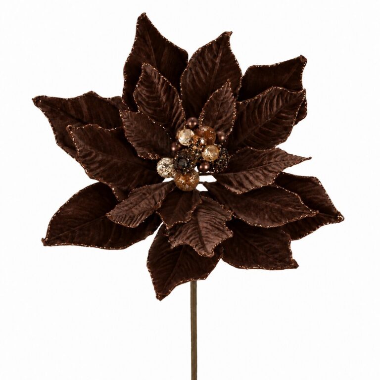 Dark brown velvet poinsettia stem with glittered petal edges and a decorative jewelled centre