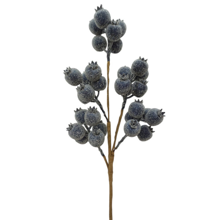 Blue artificial berry spray with clusters of round frosted berries on branching brown stems