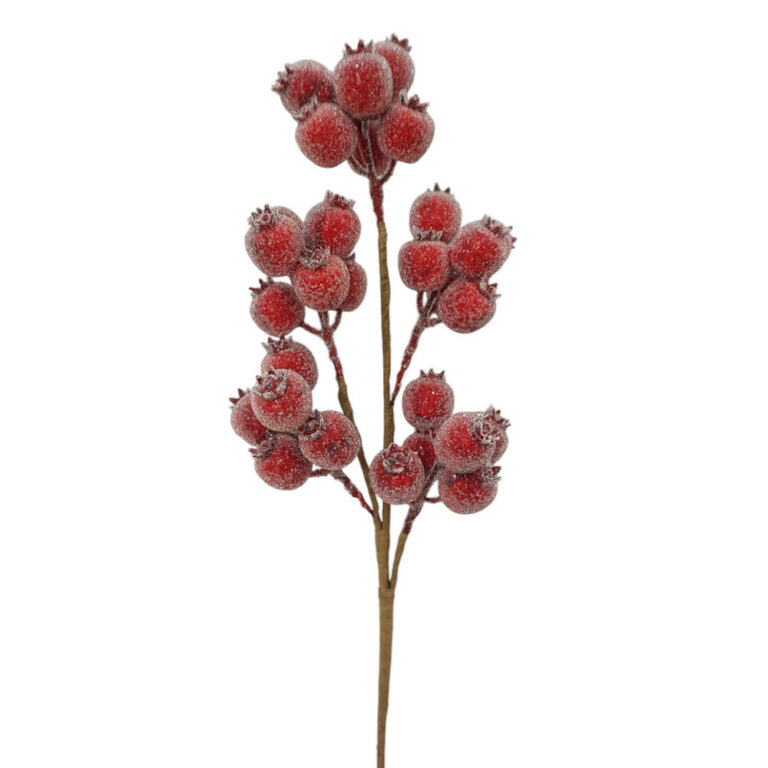 Burgundy artificial berry spray with clusters of round frosted berries on branching brown stems