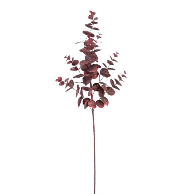 Burgundy artificial eucalyptus spray with rounded leaves, delicate branching foliage, and a long stem