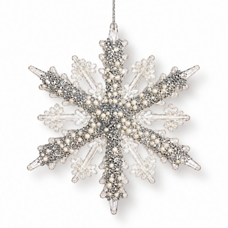 Clear acrylic snowflake Christmas ornament with silver jeweled details and pearl beads