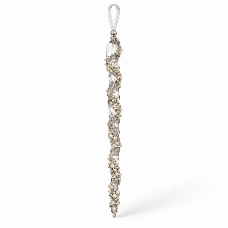 Clear acrylic pearl drop Christmas ornament with silver detailing and pearl-like beads
