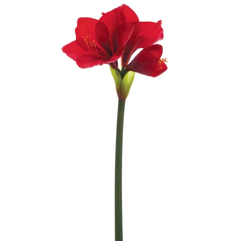 Red artificial amaryllis spray with three open blooms and a long green stem