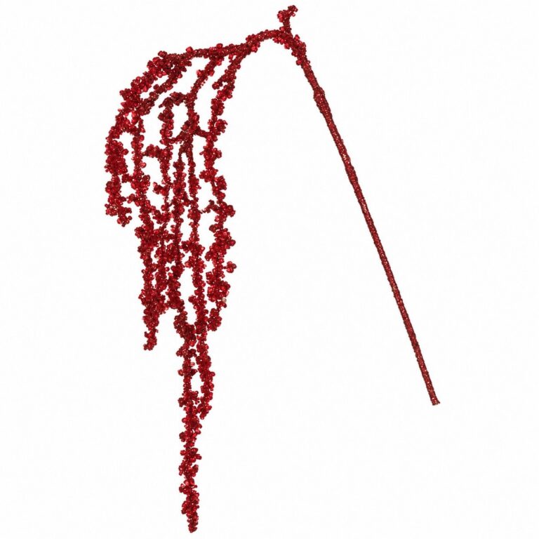 Red beaded hanging Christmas pick with long cascading branches and sparkling red accen