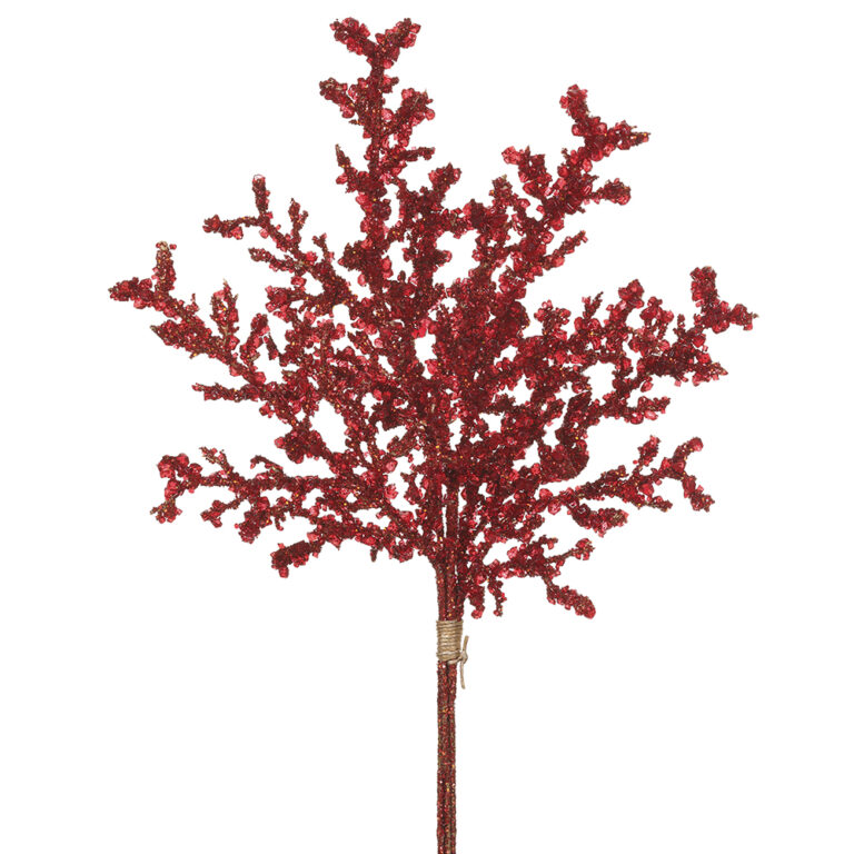 Bundle of four red beaded decorative Christmas stems with branching sprays and glittering accents