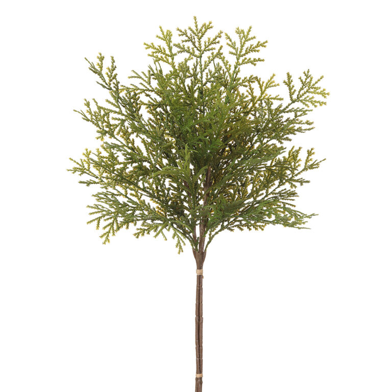 Artificial green cedar bundle with dense, finely textured evergreen foliage and three stems gathered together