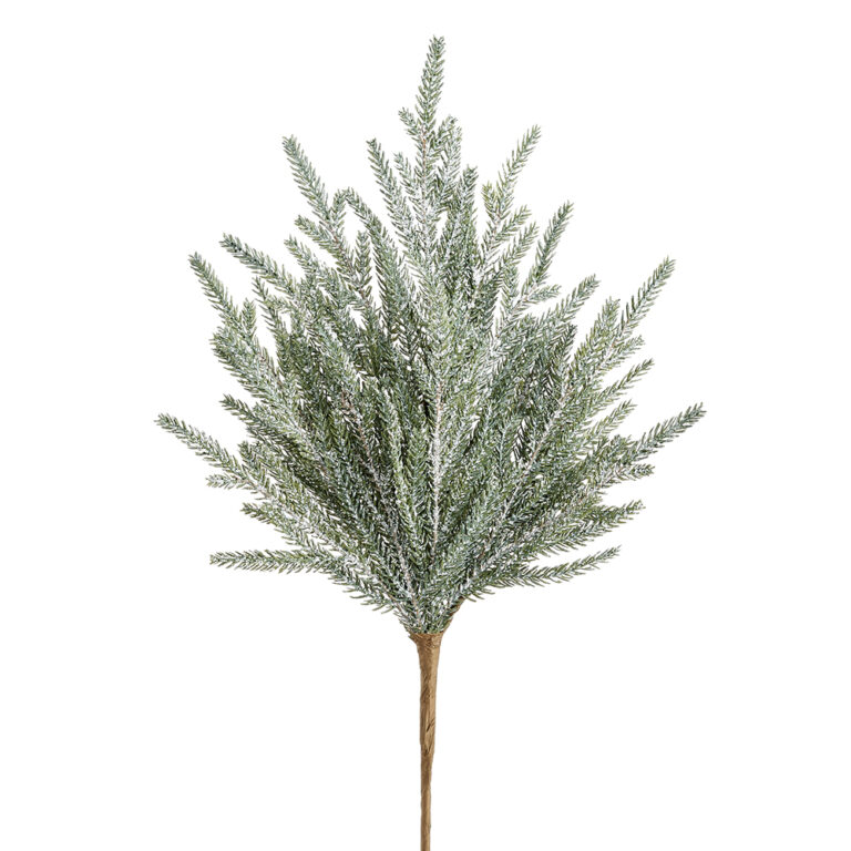 18-inch artificial cypress spray with dense green branches and snow-covered foliage