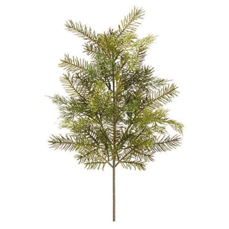 Artificial cedar pine spray with two-tone green evergreen foliage, fine needle-like branches, and a long stem