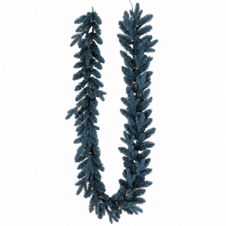 Blue flocked snow pine garland with lights, 9 ft