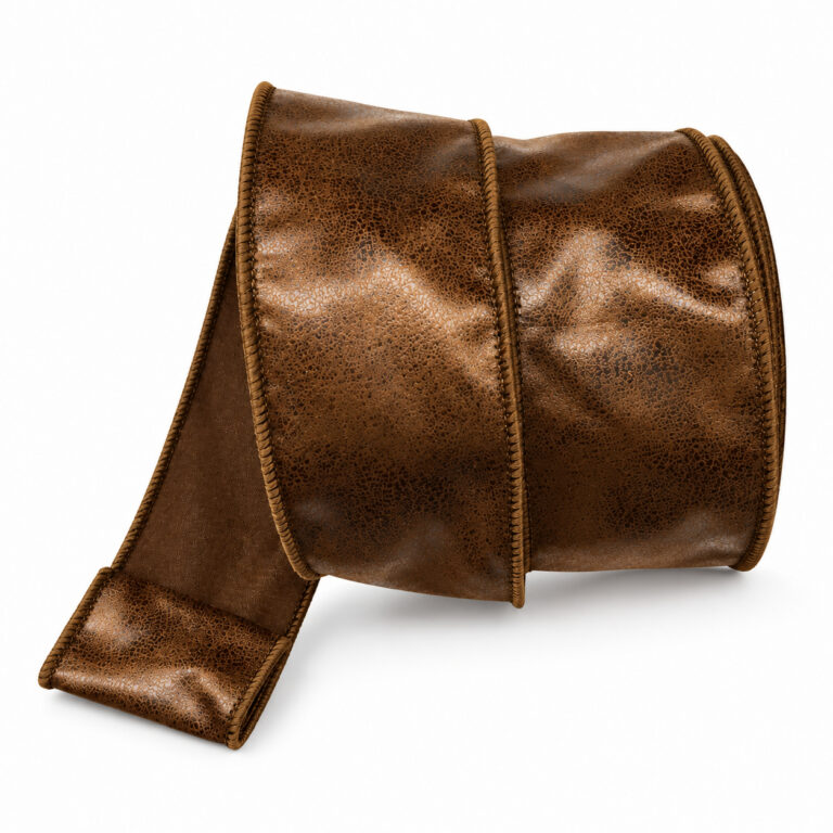 Roll of brown faux leather wired ribbon with a textured finish and stitched-look edges, 2.5 inches wide