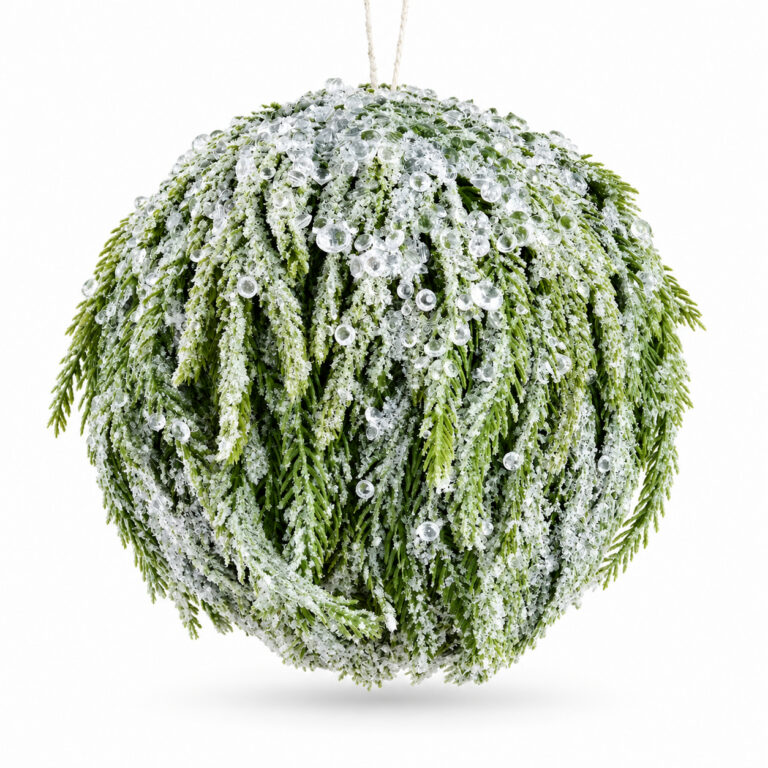 Green and White Iced Cypress Orb Ornament, 7 inches (SKU: XM0455-WH/GR)