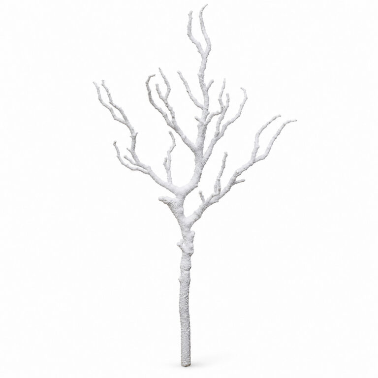 Artificial snow-covered twig branch with bare branching stems in brown and white