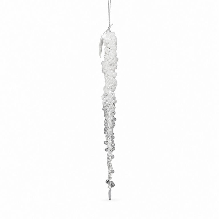 White snow-covered icicle Christmas ornament with textured frosted finish, hanging on a string