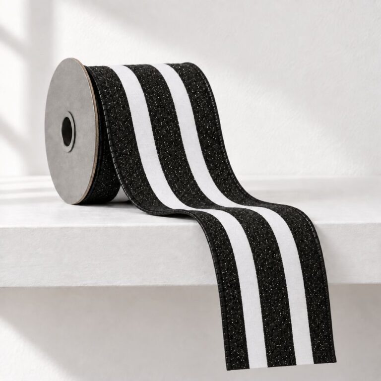 Striped Ribbon, Black/White Sparkle, 4in x 10yds