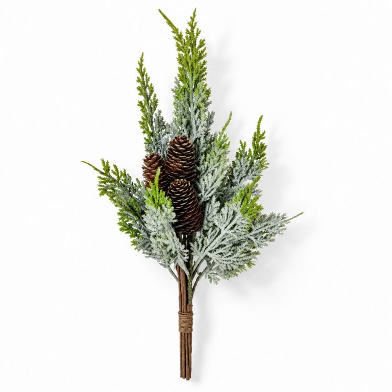 Artificial cedar bush with green and frosted grey foliage, brown pinecones, and bundled stems