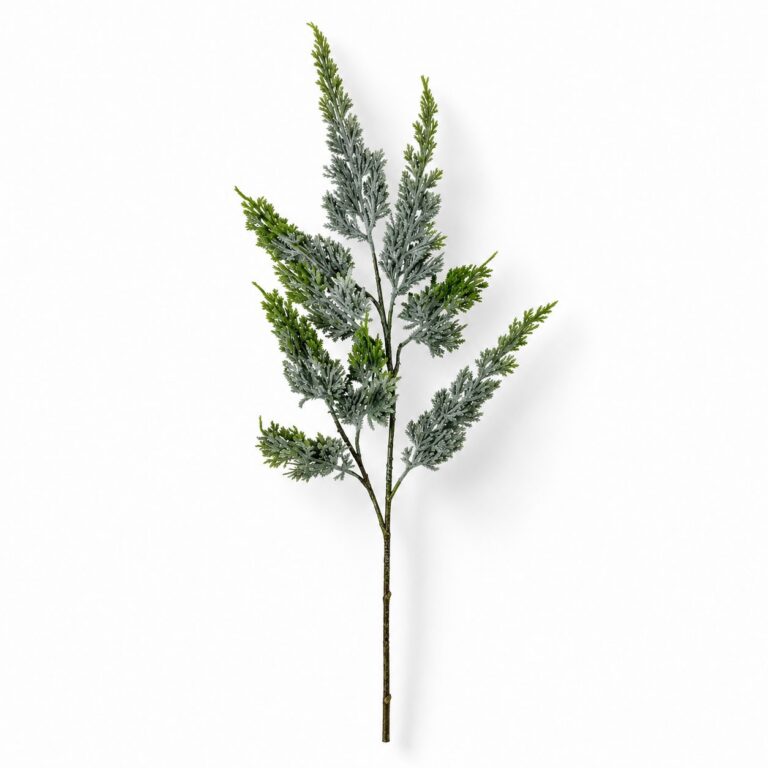 Artificial cedar spray with green tips, smoky grey foliage, branching evergreen stems, and a long brown stem