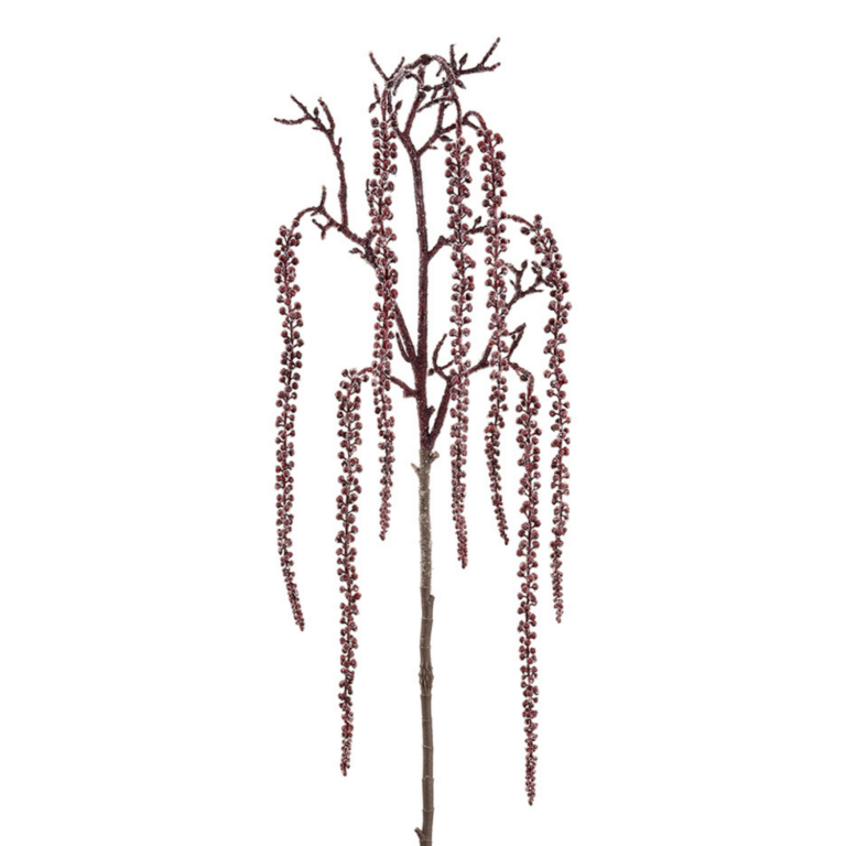 Burgundy beaded hanging spray with cascading strands of small beads and branching stems