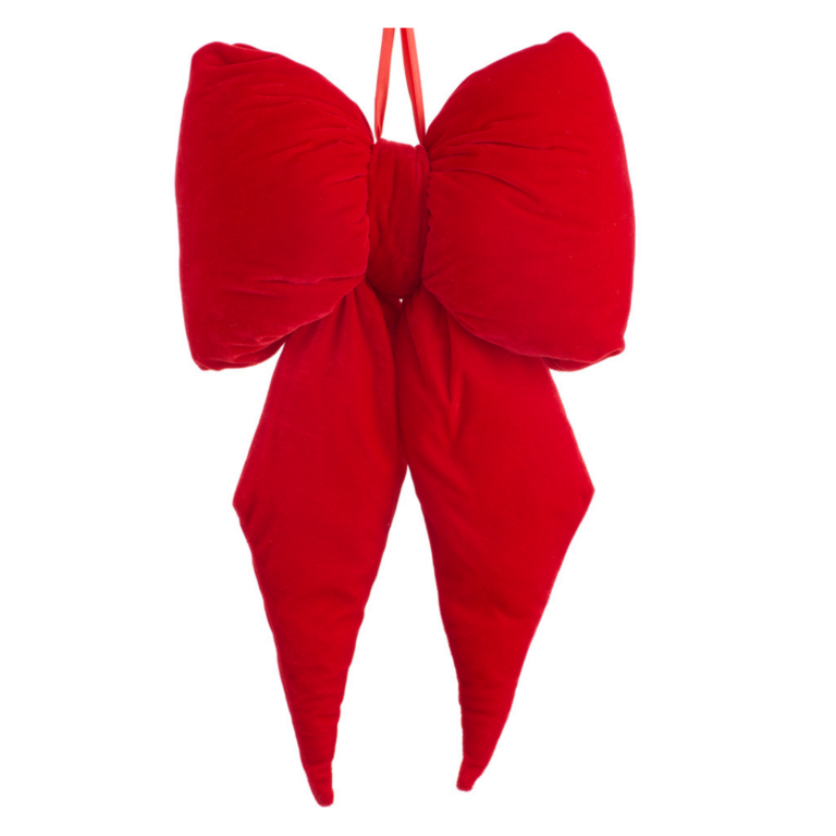 Large red velvet Christmas bow with plush rounded loops, a gathered centre, and two long tapered tails