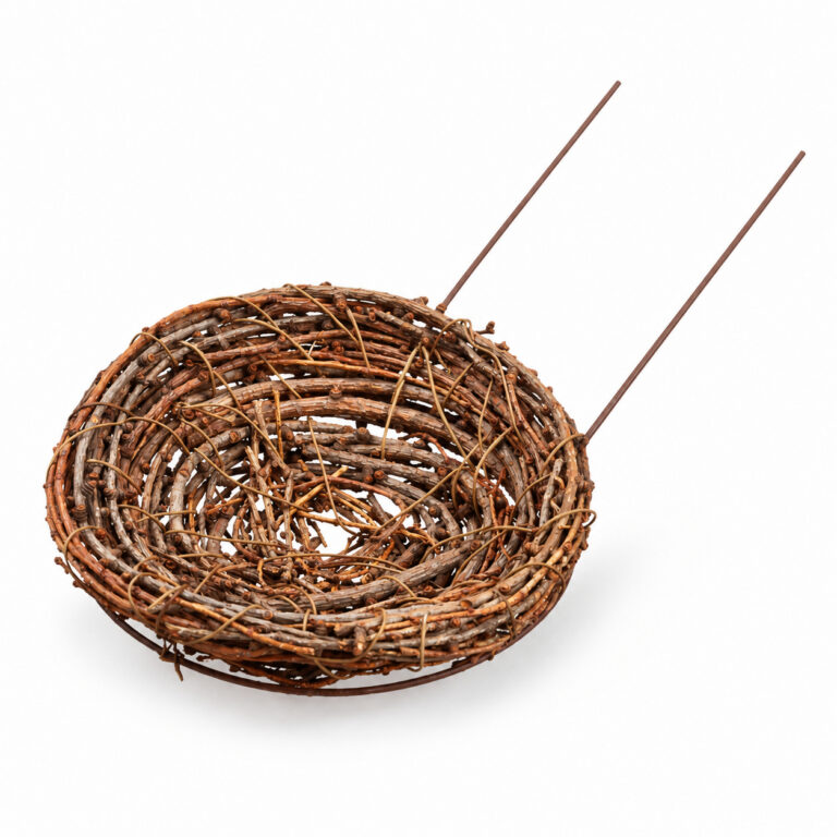 Brown artificial bird nest made of intertwined twigs with a round woven structure and two long attachment stems