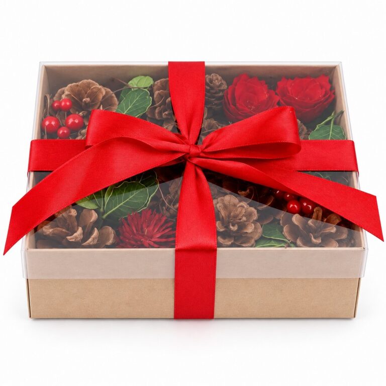 Christmas botanical decor box with pinecones, red flowers, berries, green leaves, and a red satin ribbon