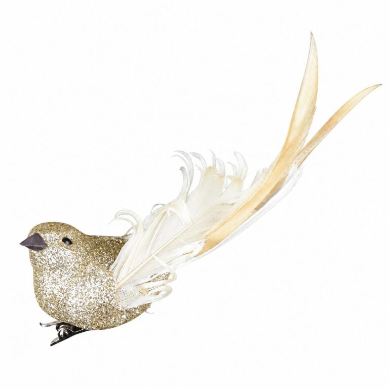 Gold glitter bird Christmas ornament with white feather wings, long gold and white tail feathers, and a metal attachment clip