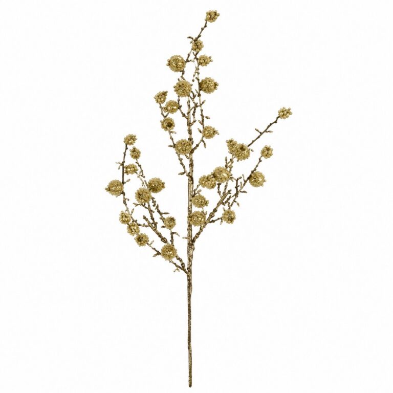 Gold artificial berry stem with multiple slender branches and clusters of small metallic gold berries