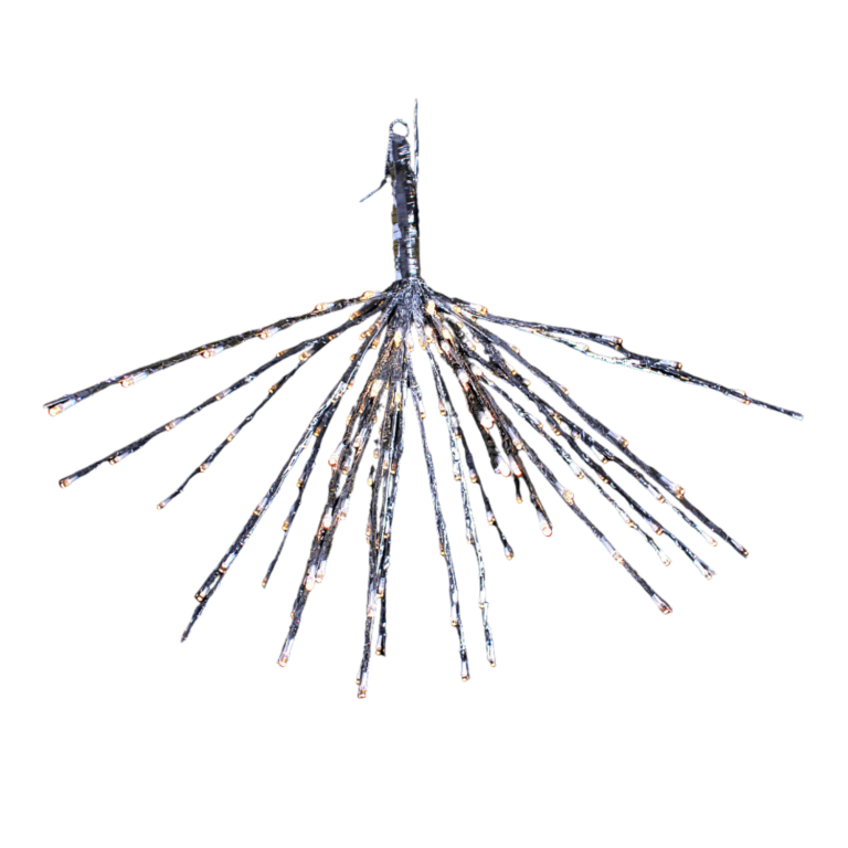 Silver LED umbrella spray with clear lights along multiple cascading branches arranged in a wide umbrella shape