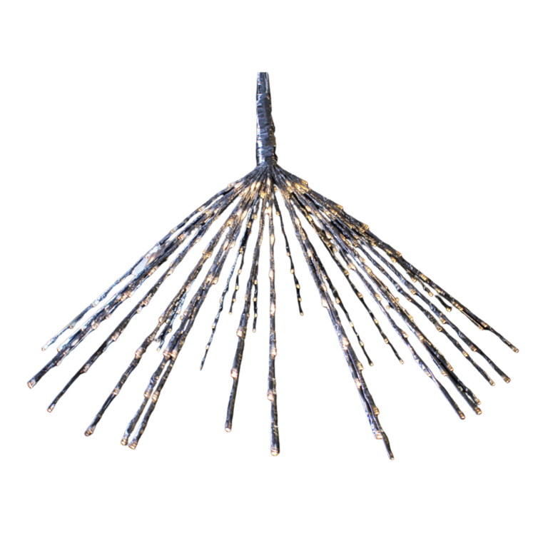 Silver 40-inch LED umbrella spray with clear lights along multiple cascading branches arranged in a wide umbrella shape