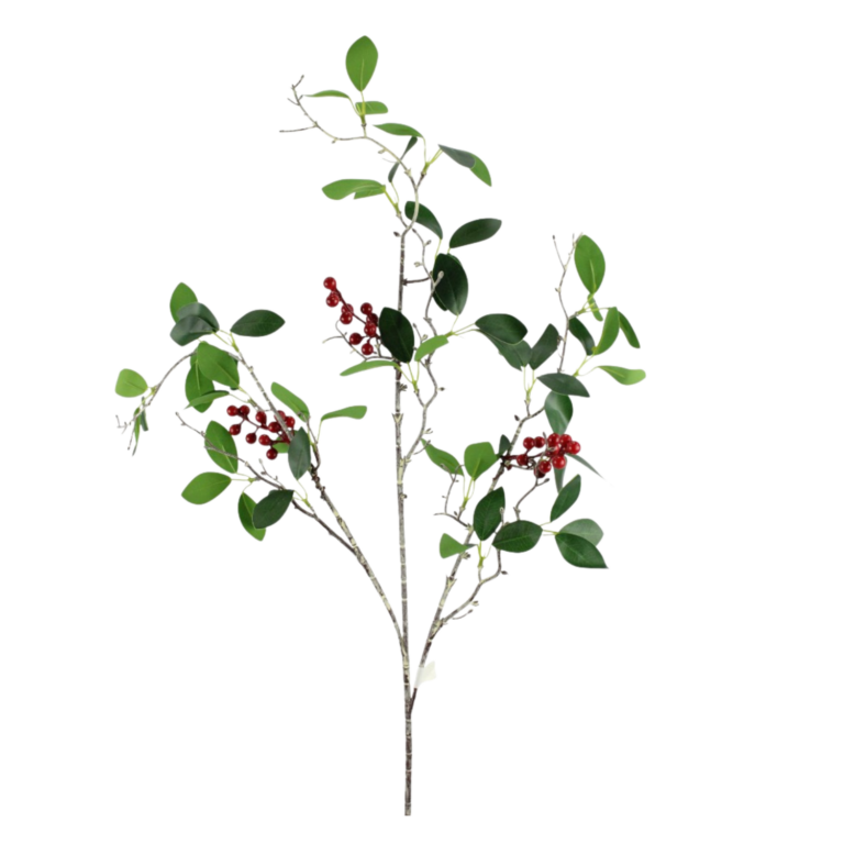Artificial green berry branch with small oval leaves, clusters of red berries, and slender natural-looking stems
