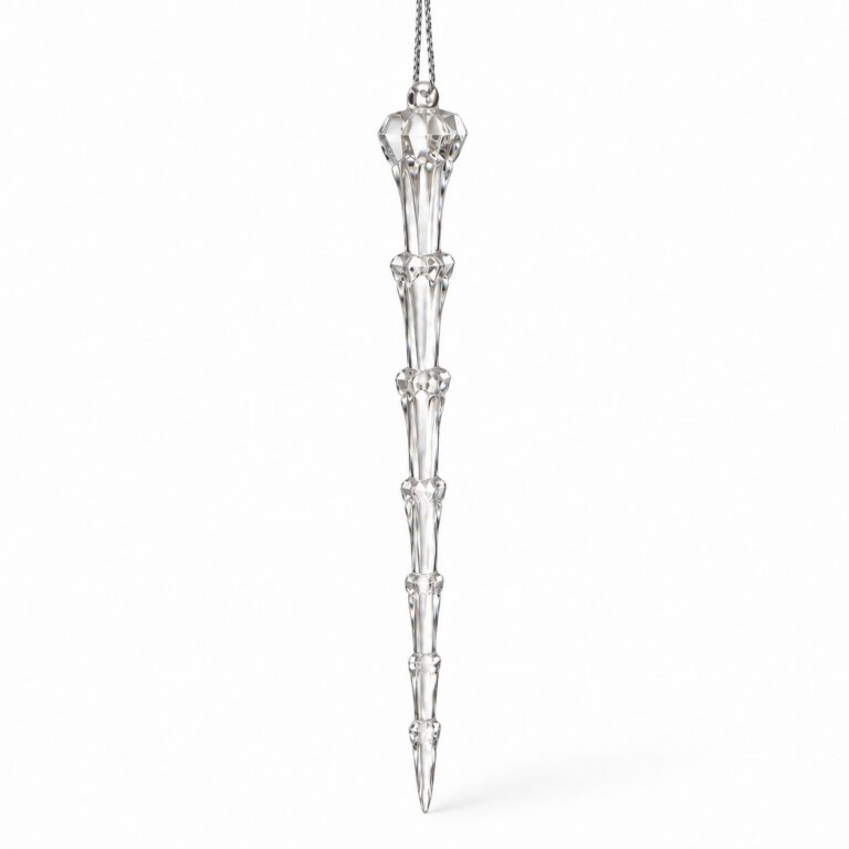 Clear 9-inch acrylic icicle Christmas ornament with a faceted design and silver hanging cord