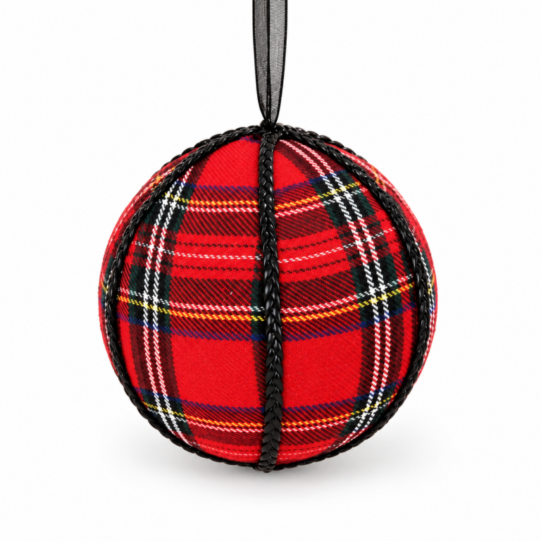 Red and black tartan plaid Christmas ball ornament with black braided trim and a black ribbon hanging loop