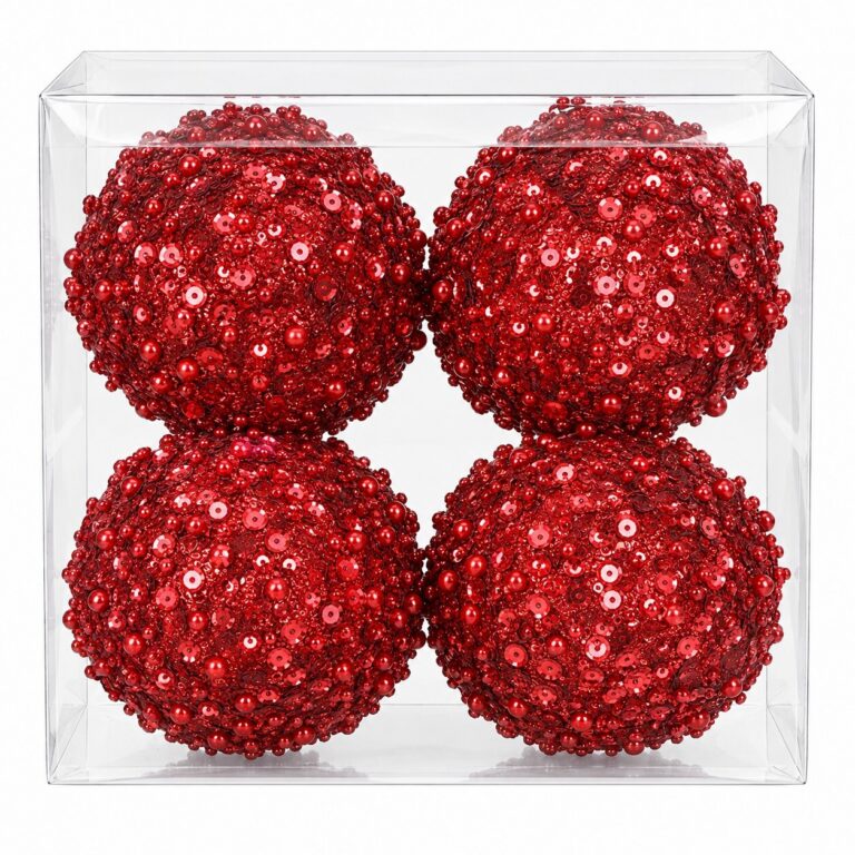 Sequin Orb Ornaments Box of 4, Red, 4in
