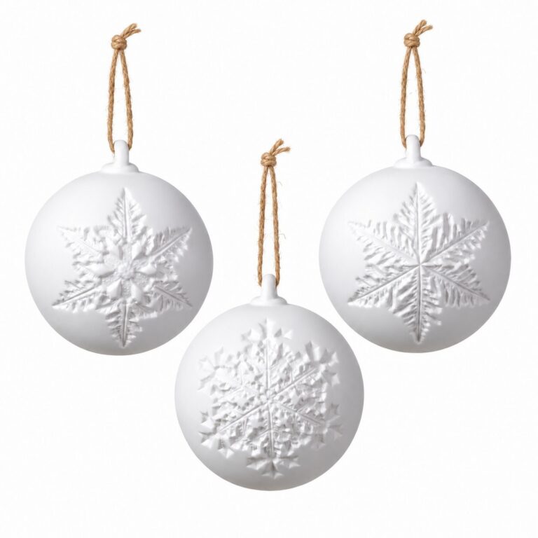 Three assorted white ceramic Christmas ball ornaments with embossed snowflake patterns and natural jute hanging loops